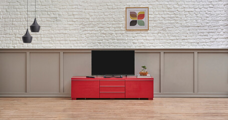 Television unit in the room and red cabinet, white brick wall and rocking chair style.
