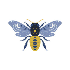 Ornate cosmic bee with celestial ornament vector illustration isolated on white background. Decorative boho magical whimsical honeybee insect design clipart. 