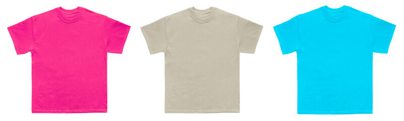 Blank T Shirt color heliconia, sand, sky blue template on white background