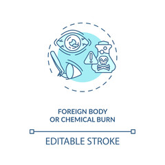 Foreign body or chemical burn concept icon. Emergency eye exam reasons. Superficial damage to eyeball idea thin line illustration. Vector isolated outline RGB color drawing. Editable stroke
