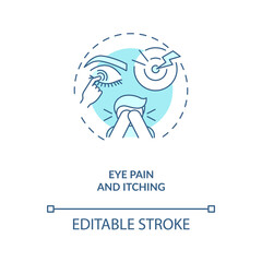 Eye pain and itching concept icon. Emergency eye exam reasons. Eye specialist or doctor treatment plan idea thin line illustration. Vector isolated outline RGB color drawing. Editable stroke