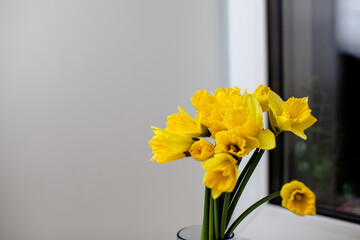 A yellow bouquet of daffodils in a glass vase on the windowsill