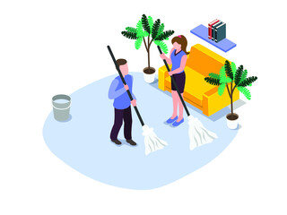 Husband and wife mopping the floor 3D isometric vector concept for banner, website, illustration, landing page, flyer, etc