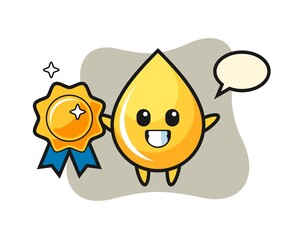 Honey drop mascot illustration holding a golden badge