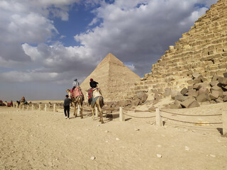 People on camels near the Pyramids in Giza city