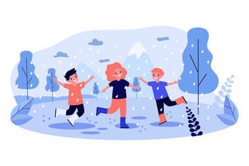 Happy children enjoying raining. Rain, boots, park. Flat vector illustration. Weather, nature, forecast concept for banner, website design or landing web page