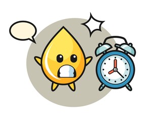 Cartoon illustration of honey drop is surprised with a giant alarm clock