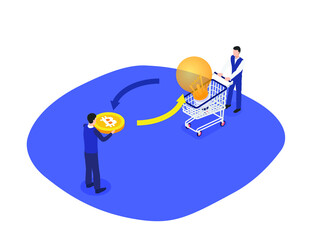 Bitcoins idea trading 3D isometric vector concept for banner, website, illustration, landing page, flyer, etc