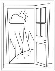 
An opened door with scene, colouring page vector

