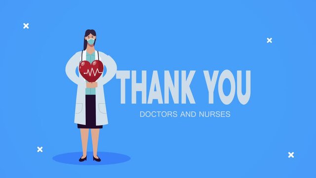 thank you doctors and nurses lettering with female doctor lifting heart cardio