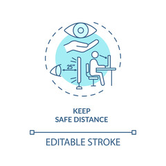 Keep safe distance concept icon. Digital eyestrain prevention tips. Best practice to protect eyes damaging idea thin line illustration. Vector isolated outline RGB color drawing. Editable stroke