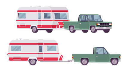 Camper pick up car with wagon for family camping trip. Vehicle, transport and sleeping accommodation, traveling motor home. Vector flat style cartoon illustration isolated on white background