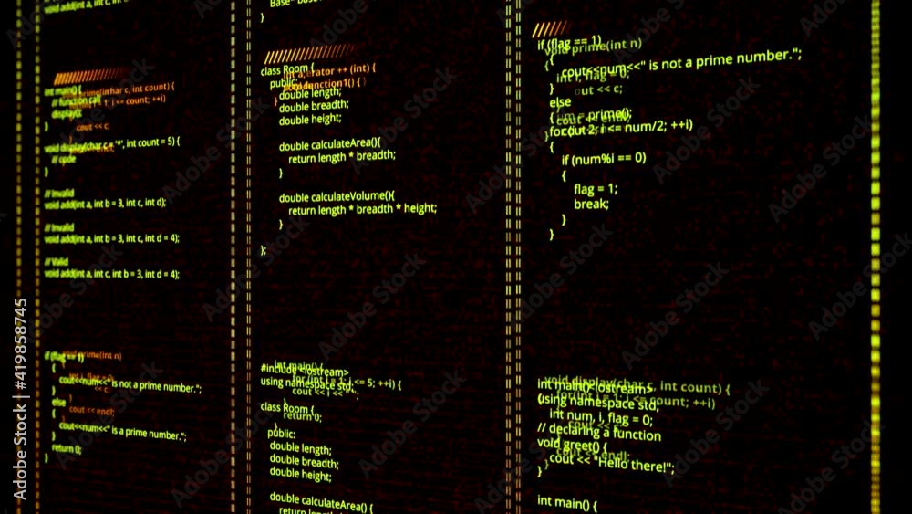 Poster abstract three columns with coding programs on black background, seamless loop. animation. concept o