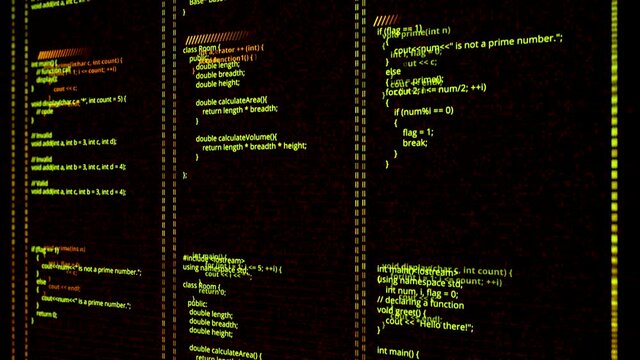 Abstract three columns with coding programs on black background, seamless loop. Animation. Concept of computer language and IT technologies.