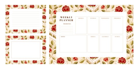 Set of weekly planner, monthly planner, school scheduler templates with hand drawn cake, floral, and strawberry elements