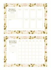 Set of weekly planner, monthly planner, school scheduler templates with hand drawn cake, floral, and strawberry elements
