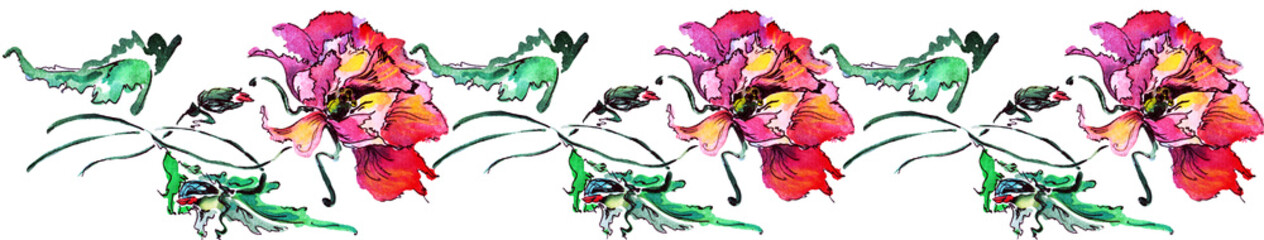 Garden flowers poppy painted in watercolor with leaf. Floral seamless pattern on white background.