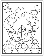 
Colouring page of shamrock cupcakes, line vector 

