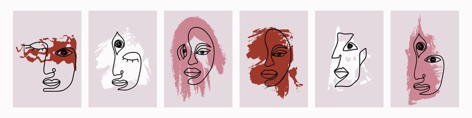 Beautiful abstract faces people set. Linear profiles characters with pink hair third eye who comprehended self awareness and red astral who love green world and cover their eyes in vector reverie.