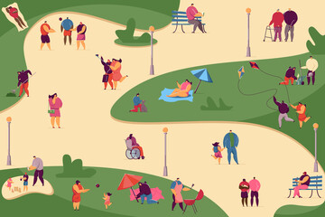 Crowd of various people walking in park flat vector illustration. Cartoon characters relaxing, doing exercise and cooking BBQ on picnic. Summer activity and leisure concept