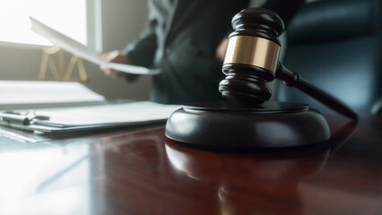 udge gavel with Justice lawyers having team meeting at law firm background. Concepts of Law and Legal services.