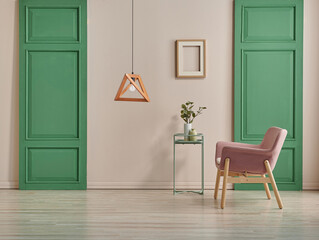 Decorative room and wall concept with green classic door and lamp style.