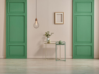 Decorative room and wall concept with green classic door and lamp style.