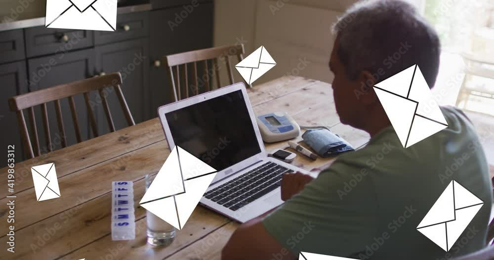 Sticker Animation of envelope icons over senior man using laptop at home in background