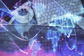 Double exposure of business theme hologram over desktop with phone. Top view. Mobile international trade connection concept.