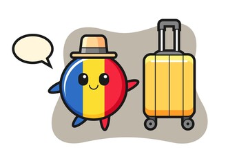 Romania flag badge cartoon illustration with luggage on vacation