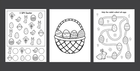 Easter Worksheets set with cute bunny. Black and white spring activity pages collection for kids. Coloring page with rabbit and eggs. Easter I SPY game. Vector illustration