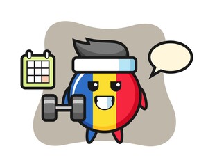 Romania flag badge mascot cartoon doing fitness with dumbbell