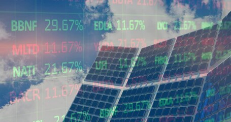 Animation of financial data processing over solar panels - Powered by Adobe