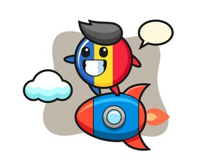 Romania flag badge mascot character riding a rocket