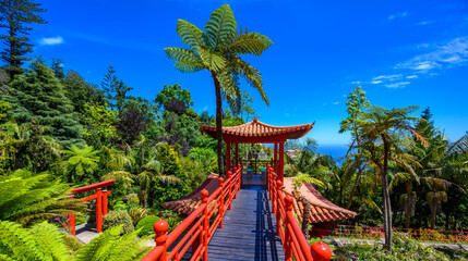 Monte Palace - Tropical Garden with Waterfalls, Lakes and traditional buildings above the city of Funchal - popular tourist destination in Madeira island, Portugal. - 419864130