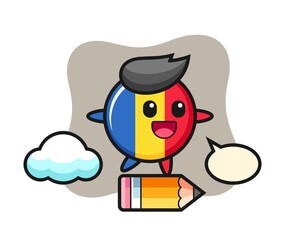 Romania flag badge mascot illustration riding on a giant pencil