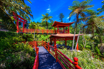 Monte Palace - Tropical Garden with Waterfalls, Lakes and traditional buildings above the city of Funchal - popular tourist destination in Madeira island, Portugal.