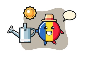 Cartoon character of romania flag badge holding watering can
