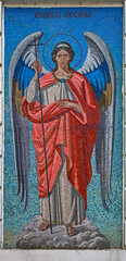 Naklejka premium Archangel Mikhail. External mosaic decoration of St.Nicolas cathedral. City of Serpukhov, Russia