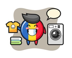 Mascot cartoon of romania flag badge with washing machine