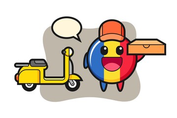 Character illustration of romania flag badge as a pizza deliveryman