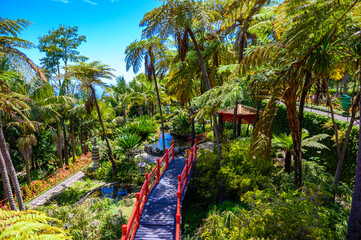 Monte Palace - Tropical Garden with Waterfalls, Lakes and traditional buildings above the city of Funchal - popular tourist destination in Madeira island, Portugal. - 419865341