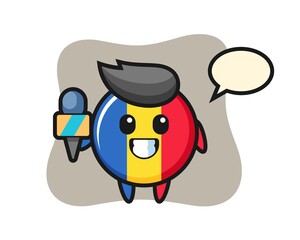 Character mascot of romania flag badge as a news reporter