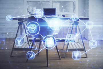 Double exposure of social network theme drawing and office interior background. Concept of web.