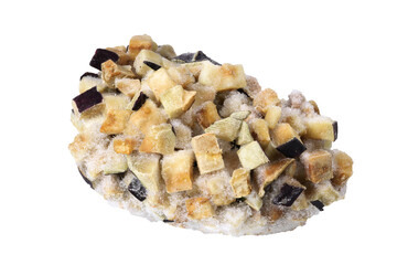 Frozen sliced eggplant pieces on an isolated white background. Frozen eggplant slices. Frozen  food or vegetables