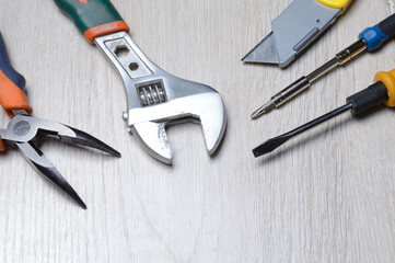 tools for minor home repairs are on the countertop. view from above.