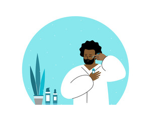 Obraz premium Vector flat isolated concept. Smiling African American man in bathroom, he is wearing in white bathrobe. Daily skin care routine. Guy cleans his face, uses cosmetic products (cream, serum). Copy space