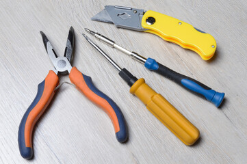 tools for minor home repairs are on the countertop. view from above.