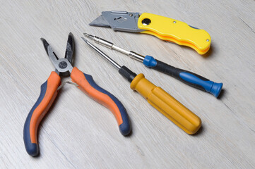tools for minor home repairs are on the countertop. view from above.