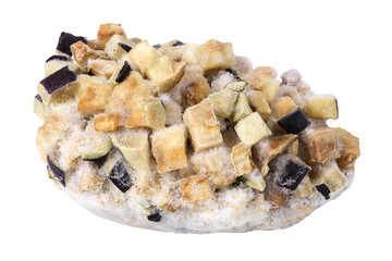 Slices of frozen eggplant on an isolated white background. Frozen food. Vegetable mix